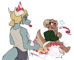  absurd_res anthro big_butt birthday blonde_hair blue_body blue_scales brown_body brown_scales butt cake cake_sitting clothed clothing dessert dragon duo female food food_fetish food_play hair hi_res horn huge_butt kobold looking_at_another male miistniight piko_(simplifypm) pseftis_savra red_eyes reptile scales scalie short_stack underwear wide_hips 