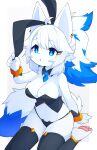  2022 4_toes 5_fingers absurd_res accessory ahoge anthro barefoot bella_(devil-vox) big_breasts blue_body blue_eyes blue_fur blue_hair blush blush_lines bottomwear breasts canid canine claws cleavage clothed clothing devil-vox dipstick_tail ear_piercing fake_ears fake_rabbit_ears feet female finger_claws fingers fluffy fox fur hair hair_accessory hairclip hi_res kemono legwear mammal markings multicolored_body multicolored_fur multicolored_hair multicolored_tail pawpads paws piercing shirt_collar shirt_cuffs soles solo tail_markings toe_claws toes topwear white_body white_fur white_hair 