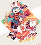  1girl 2022 absurdres alternate_costume animal_print bangs black_legwear blue_eyes blue_hair boots bzzt_gcxll chinese_new_year chinese_zodiac english_text fangs fur-trimmed_boots fur_trim hat highres hilda_(hilda) hilda_(series) hongbao long_hair looking_at_viewer open_mouth red_shirt scarf shirt signature skirt smile tiger_print twigg_(hilda) woff year_of_the_tiger 