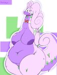  absurd_res amelia_(galv3z) anthro belly big_belly big_breasts big_butt bow_tie breasts butt chubby_female cute_expression cute_eyes dragon female genitals gesture goo_(disambiguation) goodra green_eyes hi_res huge_thighs nintendo pok&eacute;mon pok&eacute;mon_(species) purple_body pussy red_bow_tie simple_background slightly_chubby solo thefluffyrey69 thick_tail thick_thighs v_sign video_games 