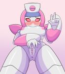  5_fingers anus bodily_fluids breasts clitoris exposed_breasts female fingers fur genital_fluids genitals hi_res humanoid jseph looking_at_viewer looking_down machine medabots neutranurse nipples not_furry nude pink_background pink_body pink_eyes pussy pussy_juice robot robot_humanoid simple_background solo view_from_below white_body white_fur 