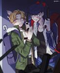  1boy 1girl backpack bag bandage_on_face bandages blonde_hair blood blood_on_face blue_eyes blurry depth_of_field diamond_wa_kudakenai fur-trimmed_jacket fur_trim genderswap genderswap_(mtf) green_jacket gun handgun higashikata_josuke holding holding_gun holding_weapon jacket jojo_no_kimyou_na_bouken kira_yoshikage letterman_jacket pompadour post-apocalypse purple_eyes purple_hair rubble sempon_(doppio_note) weapon 