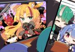  3girls :d ;&lt; ^_^ aerial_fireworks arknights bare_shoulders beni_shake black_gloves black_jacket black_shirt blonde_hair blue_hair brown_legwear ch&#039;en_(arknights) chibi closed_eyes closed_mouth collared_shirt commentary_request dress fang fang_out fireworks folding_fan gloves green_hair hand_fan holding holding_fan hoshiguma_(arknights) jacket long_sleeves multicolored_hair multiple_girls official_art parted_lips red_dress red_eyes red_hair shirt sleeveless sleeveless_shirt smile streaked_hair sunglasses swire_(arknights) swire_(honor_and_splendor)_(arknights) thighhighs triangle_mouth watermark white_shirt 