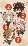  2022 4boys ahoge albedo_(genshin_impact) animal_ears arataki_itto armor bangs black_gloves blonde_hair blue_eyes body_markings bracelet braid brown_hair chibi chinese_new_year chinese_zodiac claw_pose closed_mouth cloud_print crop_top earrings eyebrows_visible_through_hair eyeshadow genshin_impact gloves gorou_(genshin_impact) hair_between_eyes hair_ornament highres horns japanese_clothes jewelry karakusa_(pattern) long_hair long_sleeves looking_at_viewer low_twintails makeup male_focus misu_025 multicolored_hair multiple_boys new_year oni oni_horns open_mouth orange_hair parted_bangs red_eyes red_eyeshadow seigaiha sidelocks single_earring smile spiked_bracelet spikes streaked_hair tail tassel tiger_ears tiger_tail twintails uroko_(pattern) white_hair year_of_the_tiger yellow_background yellow_eyes zhongli_(genshin_impact) 