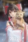  1girl 2022 :d absurdres animal bangs blurry blurry_background bow brown_eyes brown_hair chinese_new_year chinese_zodiac hair_bow hakurei_reimu highres holding holding_animal japanese_clothes looking_at_viewer miko open_mouth outdoors sketch smile snowing solo tiger touhou white_sleeves year_of_the_tiger zoe_(z_o_e_7) 