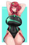  1girl :o armpits arms_behind_head bangs black_swimsuit border breasts character_name earrings green_background hella_p highres jewelry large_breasts medium_hair open_mouth pyra_(pro_swimmer)_(xenoblade) pyra_(xenoblade) red_eyes red_hair simple_background swimsuit tiara white_border xenoblade_chronicles_(series) xenoblade_chronicles_2 