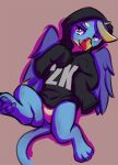  avian beak blue_body blue_feathers blue_pawpads clothing feathers feral friendship_is_magic gallus_(mlp) gryphon half-closed_eyes hasbro hoodie kam long_tail lying male my_little_pony mythological_avian mythology narrowed_eyes pawpads paws smile solo sweater topwear wings 