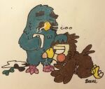  all_fours animal_crossing avian beeni bird blathers_(animal_crossing) brewster_(animal_crossing) columbid duo male male/male mug nintendo nude oral owl pigeon traditional_media_(artwork) video_games 