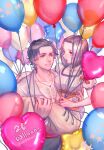  1boy 1girl annallee_(suikoden) balloon black_hair breasts brown_hair closed_mouth collarbone dress gensou_suikoden highres jewelry necklace open_mouth pico_(suikoden) sakai_(motomei) short_hair simple_background smile white_background 