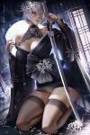  1girl bare_shoulders blue_eyes breasts bridal_gauntlets cleavage dutch_angle flower hair_flower hair_ornament hair_over_one_eye japanese_clothes katana kimono kneeling large_breasts leotard leotard_under_clothes lips mole mole_under_mouth nier_(series) nier_automata off-shoulder_kimono olchas short_hair silver_hair solo sword thighhighs weapon yorha_no._2_type_b 