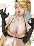  1girl absurdres animal_ears animal_print artoria_pendragon_(fate) artoria_pendragon_(lancer_alter)_(fate) bangs bare_shoulders bikini black_gloves blonde_hair blush breasts claws cleavage elbow_gloves eyebrows_visible_through_hair fang fate/grand_order fate_(series) gloves green_eyes high_ponytail highres large_breasts long_hair love-saber navel open_mouth swimsuit tiger_ears tiger_print upper_body 