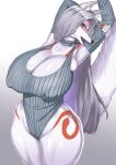  anthro big_breasts breasts canid canine cleavage clothed clothing fur gradient_background hair hi_res long_hair mammal nipple_outline simple_background white_body white_fur wide_hips ydart 