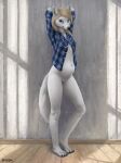  anthro bladder_bulge bottomless breasts canid canine canis clothed clothing difetra female fur genitals hair hands_behind_head hi_res looking_at_viewer mammal omorashi open_clothing open_shirt open_topwear pussy shirt simple_background smile solo topwear white_body wolf 