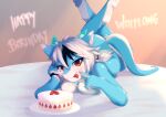  5_fingers anthro blue_body blue_fur breasts cake chest_tuft dessert dragon female fingers food fur furred_dragon hair horn non-mammal_breasts nude red_eyes simple_background sincrescent smile solo tongue tongue_out tuft white_hair wolflong_(character) 