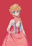  1girl blonde_hair blue_eyes braid floral_print flower genderswap genderswap_(mtf) giorno_giovanna hair_flower hair_ornament hairclip hanbok holding holding_clothes holding_skirt jojo_no_kimyou_na_bouken korean_clothes sempon_(doppio_note) skirt solo vento_aureo 