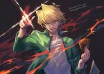  1boy blonde_hair card duel_disk green_jacket grin highres holding holding_card ikam jacket jounouchi_katsuya looking_at_viewer male_focus shirt smile solo upper_body white_shirt yu-gi-oh! yu-gi-oh!_duel_monsters 