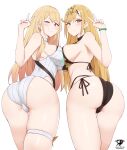  2girls absurdres ass ass_focus bangs bikini blonde_hair blush breast_press breasts cosplay costume_switch crossover highres jewelry kaos_art kitagawa_marin large_breasts long_hair looking_at_viewer multiple_girls mythra_(radiant_beach)_(xenoblade) mythra_(xenoblade) one-piece_swimsuit red_eyes smile solo sono_bisque_doll_wa_koi_wo_suru strapless strapless_swimsuit swept_bangs swimsuit symmetrical_docking tiara very_long_hair xenoblade_chronicles_(series) xenoblade_chronicles_2 yellow_eyes 