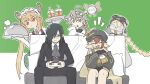  2girls 3girls ahoge alchemy_stars ascot bangs black_hair black_jacket blonde_hair braid closed_eyes coke-bottle_glasses collared_shirt commentary_request controller crossover cup drinking_straw fafnir_(maidragon) fang firefly_(alchemy_stars) frilled_hairband frills game_controller glasses goggles goggles_on_headwear grey_eyes grey_hair gronru_(alchemy_stars) hair_over_one_eye hairband hat headband highres holding holding_controller holding_tray horns jacket jitome kobayashi-san_chi_no_maidragon korean_commentary long_hair looking_at_viewer multicolored_hair multiple_girls navigator_(alchemy_stars) necktie notice_lines open_mouth orange_hair pillow pince-nez red_eyes red_hair serving_dome shirt sidelocks sitting sleeves_past_fingers sleeves_past_wrists slit_pupils steam tail tohru_(maidragon) tray twintails two-tone_hair unimet_(alchemy_stars) v-shaped_eyebrows white_shirt whitebear 