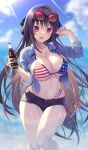  1girl american_flag_bikini ao_no_kanata_no_four_rhythm bangs bikini black_hair black_shorts blue_shirt blush breasts cleavage collared_shirt emanon123 eyewear_on_head flag_print highres large_breasts long_hair long_sleeves navel open_mouth outdoors purple_eyes shirt short_shorts shorts sideboob smile solo sunglasses swimsuit thighs tobisawa_misaki underboob 