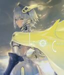  1girl armor ass back back_cutout cape closed_mouth clothing_cutout cloud cloudy_sky covered_nipples cropped english_text fantasy flaming_eye grey_hair headgear highres looking_back maeshima_shigeki original outdoors science_fiction short_hair sky solo yellow_cape yellow_eyes 