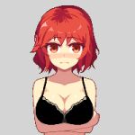  1girl animated animated_gif areolae bangs black_bra blush bra bra_lift breasts eyebrows_visible_through_hair furumero grey_background horikawa_raiko large_breasts lifted_by_self looking_at_viewer lowres nipples pixel_art red_eyes red_hair simple_background solo touhou underwear undressing upper_body 
