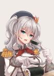  1girl blue_eyes breasts eating epaulettes food fork frilled_sleeves frills gloves highres jacket k_jie kantai_collection kashima_(kancolle) large_breasts long_sleeves looking_at_viewer makizushi military military_jacket military_uniform neckerchief red_neckerchief sidelocks silver_hair solo sushi table_knife twintails uniform upper_body wavy_hair white_gloves white_jacket 