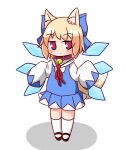  1girl animal_ear_fluff animal_ears bangs bell black_footwear blue_bow blue_skirt blue_vest bow cirno cirno_(cosplay) closed_mouth collar cosplay detached_wings dot_mouth eyebrows_visible_through_hair fox_ears fox_girl fox_tail full_body hair_bow highres jitome kemomimi-chan_(naga_u) lbcirno9 light_brown_hair long_sleeves mary_janes medium_hair neck_bell neck_ribbon no_nose pleated_skirt purple_collar purple_eyes red_ribbon ribbon shadow shirt shoes simple_background skirt sleeves_past_fingers sleeves_past_wrists tail touhou vest white_background white_legwear white_shirt wings 