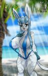  2019 4_fingers absurd_res beach big_breasts bikini breasts clothing cloud day eeveelution female fingers glaceon halotroll hi_res looking_at_viewer navel nintendo open_mouth outside palm_tree plant pok&eacute;mon pok&eacute;mon_(species) seaside sky sling_bikini solo swimwear tongue tree video_games water 