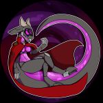  2022 4_eyes anthro breasts cape captain_kobold cloak clothing crossed_legs featureless_breasts female hi_res horn hybrid hyper hyper_tail kobold multi_eye open_mouth purple_body purple_theme sitting_on_tail solo synth_(vader-san) 