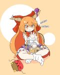  1girl :t absurdres bangs bow bright_pupils chain commentary_request eating food food_on_face full_body hair_bow hand_up highres horn_ornament horn_ribbon horns ibuki_suika indian_style long_hair mask masu oni_horns oni_mask orange_eyes orange_hair red_bow ribbon setsubun shirt simple_background sitting sleeveless sleeveless_shirt socks solo tatutaniyuuto touhou white_legwear white_pupils white_shirt wrist_cuffs x-shaped_pupils 