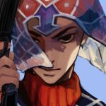  1boy argyle argyle_sweater black_eyes guido_mista gun handgun hat hat_over_one_eye highres holding holding_gun holding_weapon jojo_no_kimyou_na_bouken male_focus portrait snr_snr solo sweater vento_aureo weapon 