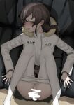  1girl bar_censor braid brown_hair censored closed_eyes clothes_pull coat faker_ktd fur-trimmed_hood fur_trim hood hooded_coat kantai_collection long_hair long_sleeves lying on_back open_mouth pantyhose pantyhose_pull single_braid solo souya_(kancolle) white_coat white_legwear 