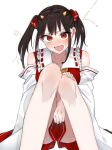  1girl :d alternate_hairstyle bangs bare_shoulders beans between_legs blush brown_hair collarbone commentary_request eringi_(rmrafrn) fangs fingernails frilled_shirt_collar frills frustrated hair_ribbon hakurei_reimu hand_between_legs highres horns knees long_sleeves looking_at_viewer medium_hair motion_lines onimiko open_mouth red_eyes red_ribbon red_skirt red_vest ribbon ribbon-trimmed_collar ribbon_trim setsubun sidelocks simple_background sitting skirt small_horns smile solo star_(symbol) touhou two_side_up vest white_background white_sleeves wide_sleeves 