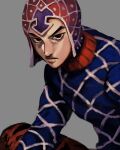  1boy animal_print argyle argyle_sweater black_eyes guido_mista hat highres jojo_no_kimyou_na_bouken male_focus serious snr_snr solo sweater tiger_print turtleneck vento_aureo 