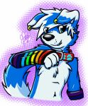  2015 anthro arm_warmers armwear bandai_namco biped black_nose blue_body blue_ears blue_eyes blue_fur blue_hair border_collie canid canine canis cheek_tuft chest_tuft clothing collar collie digimon digimon_(species) dipstick_ears dipstick_tail domestic_dog ear_piercing ear_ring eye_through_hair facial_tuft fur gaokun gaokun_(character) gaomon grin hair herding_dog looking_at_viewer male mammal markings multicolored_body multicolored_ears multicolored_fur multicolored_hair pastoral_dog piercing red_collar sheepdog simple_background smile solo tail_markings translucent translucent_hair tuft two_tone_body two_tone_ears two_tone_fur two_tone_hair watermark white_body white_ears white_fur white_hair 