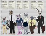  anthro barefoot belt blep bottomwear briefcase canid canine character_bio clothing collared_shirt domestic_cat eebahdeebah eulipotyphlan eyewear facial_scar feet felid feline felis female glasses group hi_res high_heels kubo_(eebahdeebah) lagomorph leporid lineup male mammal model_sheet mole_(animal) necktie niko_(eebahdeebah) rabbit raccoon_dog scar shy skirt slacks suit tanuki tongue tongue_out 