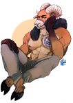  anthro blue_eyes bovid bovine caprine clothed clothing gym_clothing hi_res hooves horn male mammal possumchino robert_biggs solo sweatpants tattoo topless topless_male 