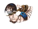  1girl arknights artist_request bandeau bangs bare_shoulders bdsm black_hair blue_hairband bondage bound chinese_commentary commentary_request eunectes_(arknights) gag gagged grey_eyes hairband highres hogtie improvised_gag looking_at_viewer lying on_stomach pointy_ears rope second-party_source shibari short_hair simple_background snake_tail solo strapless tail tape tape_gag thighs tube_top white_background 