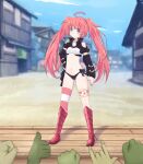 1girl 5others ahoge ass_visible_through_thighs bandeau black_panties black_shirt black_sleeves blue_eyes boots breasts crop_top full_body gem hand_on_hip hands highres knee_boots legs long_hair milim_nava multiple_others nail_polish navel no_pants outdoors panties pink_footwear pink_hair shirt side-tie_panties single_thighhigh small_breasts smile stage striped striped_legwear tensei_shitara_slime_datta_ken thigh_strap thighhighs thighs twintails twintails_(mantids) underwear very_long_hair village white_bandeau 