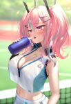  1girl ahoge azur_lane bare_arms bare_shoulders blurry bottle breasts bremerton_(azur_lane) bremerton_(scorching-hot_training)_(azur_lane) cleavage crop_top crop_top_overhang depth_of_field hair_ornament hairclip holding jewelry large_breasts looking_away midriff mole mole_under_eye multicolored_hair navel necklace official_alternate_costume open_mouth pink_eyes pink_hair revealing_clothes see-through_silhouette shirt sleeveless sleeveless_shirt solo stomach streaked_hair suyamori sweat tongue tongue_out twintails white_shirt x_hair_ornament 