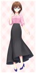  1girl black_skirt blue_eyes blue_footwear brown_hair character_request closed_mouth copyright_request full_body high_heels highres konogi_nogi long_skirt looking_at_viewer medium_hair pink_background pink_shirt shirt shoes skirt smile solo virtual_youtuber 