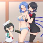  3girls alcohol anchor_symbol aqua_eyes beer black_dress black_hair black_nails blue_bra blue_eyes blue_hair blue_nails blue_panties bra breasts cleavage closed_mouth collarbone dress ehoumaki eyebrows_visible_through_hair fingernails food green_nails hair_between_eyes hat highres houjuu_nue kumoi_ichirin large_breasts makizushi multiple_girls murasa_minamitsu nail_polish navel neckerchief one_eye_closed open_mouth panties pointy_ears red_eyes red_neckerchief sailor_collar sailor_shirt setsubun shirt short_hair short_sleeves smile sushi tongue tongue_out touhou underwear underwear_only v white_headwear white_shirt zakku_(kya--193) 