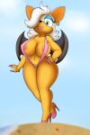  2:3 absurd_res anthro areola beach bikini chiropteran clothing colored_nails ear_piercing ear_ring female groodger hair hair_over_eye hand_on_hip hi_res high_heels jewelry long_hair mammal mature_female nails navel nipples one_eye_obstructed piercing rouge_the_bat seaside sega short_stack sling_bikini smile solo sonic_the_hedgehog_(series) swimwear walking wings 