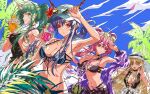  4girls ;d absurdres ahoge animal_ear_fluff animal_ears arknights arm_up armpits arms_up bare_arms bare_shoulders baseball_cap bead_necklace beads belt bikini black_bikini black_choker black_swimsuit blonde_hair blue_hair blue_sky bracelet breasts casual_one-piece_swimsuit center_opening ch&#039;en_(arknights) ch&#039;en_the_holungday_(arknights) cherry choker cleavage clothes_around_waist collarbone cup day disposable_cup drink earrings ears_through_headwear eyewear_on_head fingernails flower food fruit green-tinted_eyewear green_eyes green_hair hand_on_hip hat highres holding holding_cup horns hoshiguma_(arknights) jewelry large_breasts lin_yuhsia_(arknights) long_hair long_sleeves looking_at_viewer mouse_ears multiple_girls nail_polish navel necklace off_shoulder official_alternate_costume one-piece_swimsuit one_eye_closed oni_horns open_fly orange_(fruit) orange_slice outdoors palm_tree parted_lips pink_eyes pink_hair ponytail purple_flower purple_nails red_eyes see-through shokikanes sideboob sidelocks skin-covered_horns sky small_breasts smile stomach stud_earrings sun_hat sunglasses swimsuit swire_(arknights) tiger_ears tinted_eyewear tree very_long_hair watermelon white_headwear yellow_eyes 