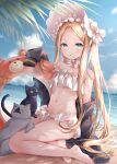  1girl abigail_williams_(fate) abigail_williams_(swimsuit_foreigner)_(fate) annoyed bangs bare_legs bare_shoulders barefoot beach bikini bikini_skirt black_cat black_jacket blonde_hair blue_eyes blush bow breasts cat collarbone day fate/grand_order fate_(series) hair_bow highres innertube innertube_with_ears jacket long_hair long_sleeves looking_at_viewer multiple_hair_bows navel ocean off_shoulder outdoors parted_bangs revision sitting solo stomach swimsuit very_long_hair white_bow yumesaki 