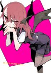  1girl bangs bat_wings bent_over black_legwear black_skirt black_vest blush closed_mouth covering_mouth eyebrows_visible_through_hair feet_out_of_frame hair_between_eyes head_wings koakuma long_hair looking_to_the_side pantyhose pink_background raised_eyebrow red_eyes red_hair short_sleeves simple_background skirt smile solo standing standing_on_one_leg touhou tsurime tsuru_(nekopanchi) vest white_background wings 