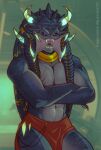  alien blue_eyes bottomwear braided_hair clothed clothing commander_braithor crossed_arms fangs hair hi_res hown loincloth male muscular muscular_male neck_ring open_mouth predator_(franchise) pseudo_hair scar solo standing tentacle_hair tentacles tongue topless yautja 