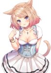  1girl absurdres animal_ears bangle bangs blush bracelet breasts brown_hair cat_ears cat_girl cat_tail cleavage closed_mouth collarbone dress eyebrows_visible_through_hair facial_mark final_fantasy final_fantasy_xiv hand_up head_tilt highres jewelry looking_at_viewer medium_breasts miqo&#039;te multicolored_hair nail_polish nazuna_shizuku pink_hair pleated_dress purple_eyes red_nails short_sleeves simple_background smile solo streaked_hair swept_bangs tail whisker_markings white_background white_dress 