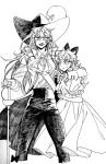  2girls anger_vein ascot genderswap genderswap_(mtf) greyscale hand_on_hilt hat hat_feather highres hook_hand ink_(medium) jojo_no_kimyou_na_bouken long_hair monochrome multiple_girls nightgown pirate pirate_hat planted planted_sword plume puffy_sleeves rapier sempon_(doppio_note) sword traditional_media weapon 
