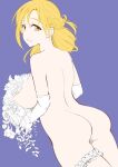  1girl ass asuna_(sao) blonde_hair bouquet braid breasts clover_(hi-per_pinch) flower french_braid from_behind holding holding_bouquet large_breasts long_hair looking_at_viewer looking_back nipples nude orange_eyes purple_background rose simple_background smile solo sword_art_online thigh_strap 